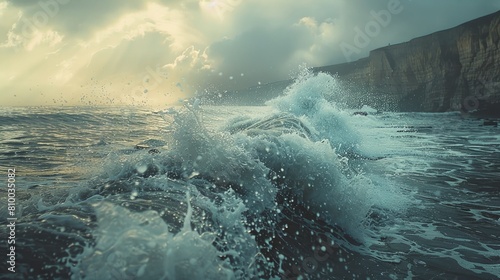 High waves surging towards rugged cliffs, splashing water droplets illuminated by a cloudy sky. photo
