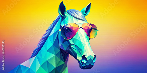 A brightly coloured geometric representation of a horse in sunglasses takes centre stage against an equally bright gradient background of warm and cool tones. The horse is playful yet stylish.AI gener photo