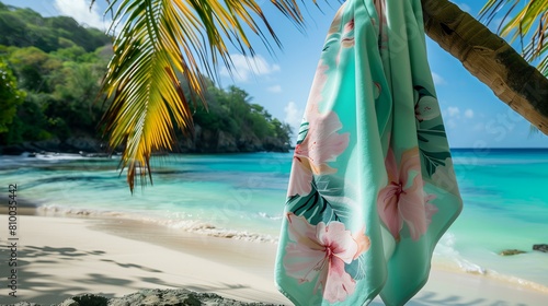 beach towels with pastel floral print hanging over a palm tree on a scenic beach