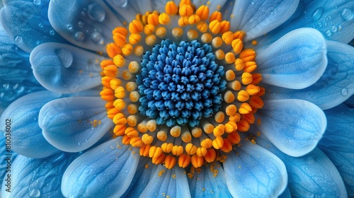  A close-up of a blue and yellow flower with droplets of water on its petals and center