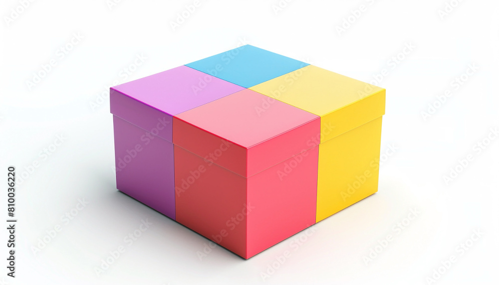 Fototapeta premium Colorful square gift box with vibrant pastel shades of pink, yellow, blue, and purple, isolated on white background, concept of celebration, present, surprise, and packaging design.