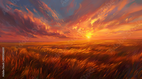 A panoramic view of the high plains under a vibrant sunset, with expansive fields of golden wheat swaying in the wind © Muhammad
