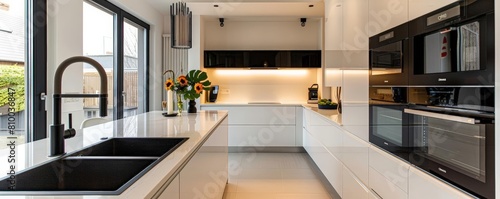 minimalist kitchen interior with modern appliances featuring a black microwave, black sink, and black countertop the space is accented with a clear glass vase with a yellow and orange flower,