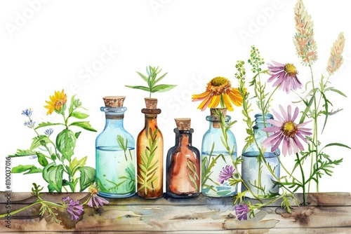 A beautiful painting featuring bottles and flowers. Suitable for interior design projects