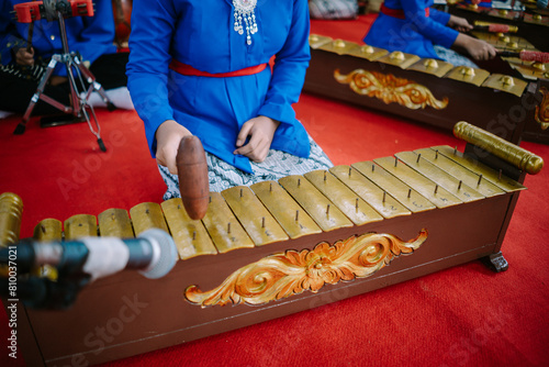 A captivating image of a young girl playing the enchanting tones of a traditional gamelan orchestra, a cultural gem from Indonesia photo