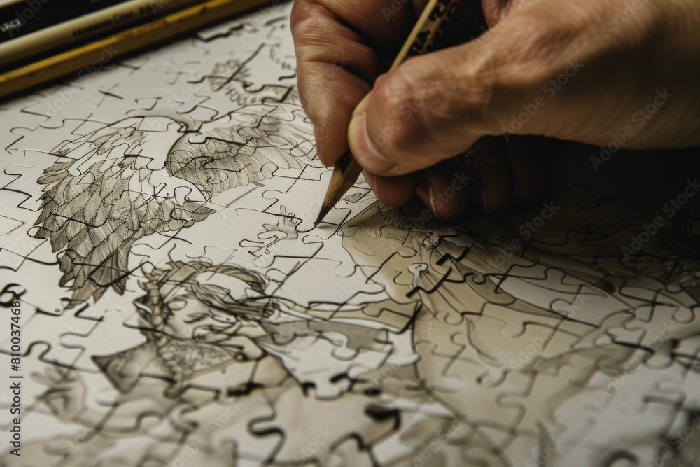 Person holding a pencil over a piece of puzzle. Suitable for educational concepts Person holding a pencil over a piece of puzzle. Suitable for educational concepts