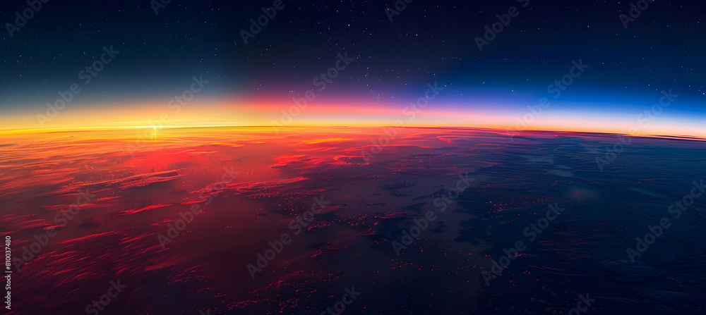 A panoramic view of the mesosphere at twilight, capturing the delicate transition of colors from sunset orange to deep nocturnal blue