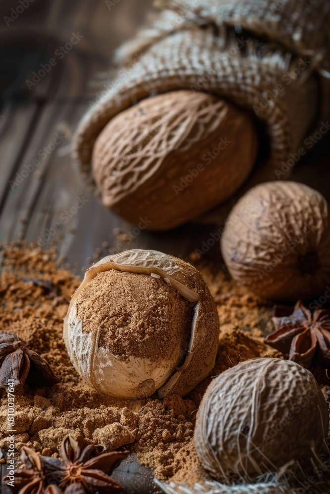 A group of nuts displayed on a rustic wooden table, ideal for food and nutrition concepts A group of nuts displayed on a rustic wooden table, ideal for food and nutrition concepts