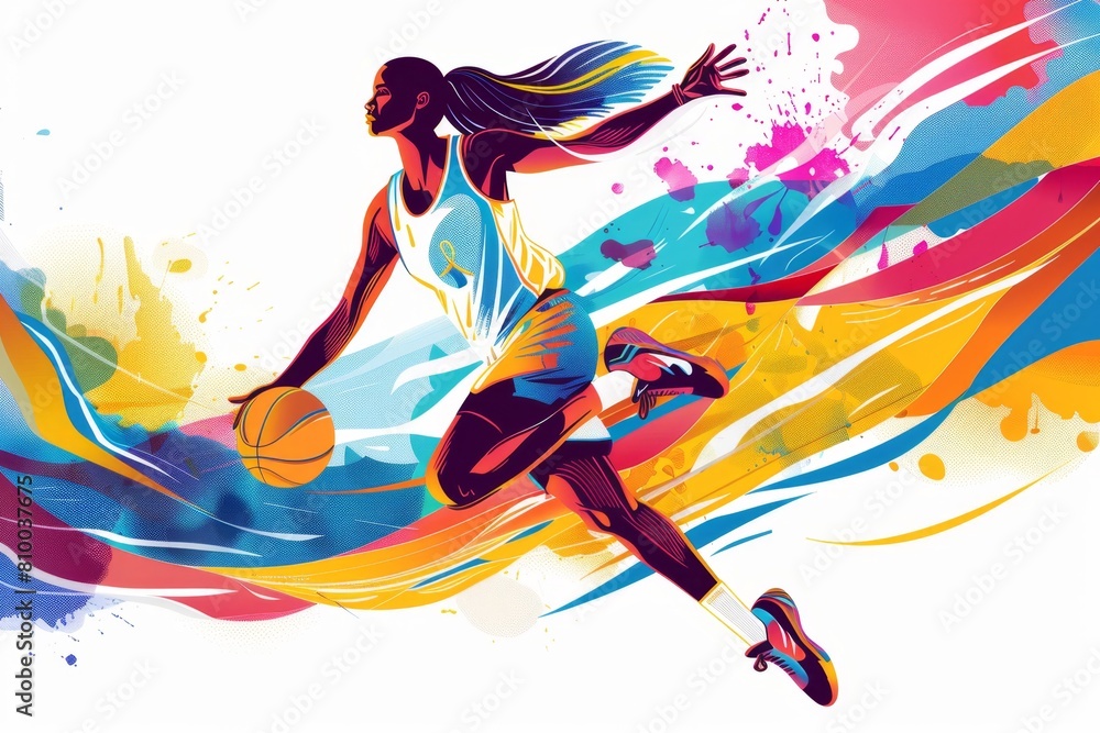 A dynamic female basketball player in midair with vibrant colors and simple shapes on a white background Generative AI A dynamic female basketball player in midair with vibrant colors and simple shapes on a white background Generative AI