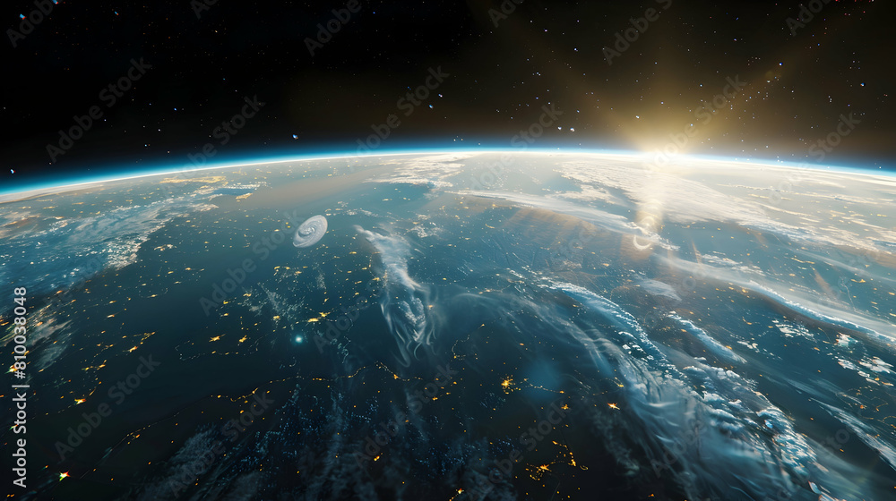 Fototapeta premium A panoramic view of the Earth's curve with a thin blue line of the ionosphere glowing at the edge, as seen from space