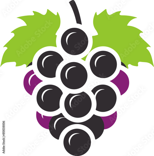 Colorful Grape Cluster with Green Leaves, Vector Illustration for Food and Drink