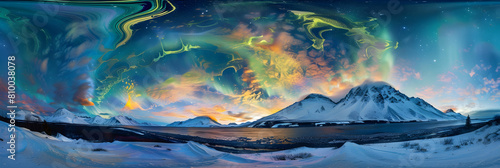 A panoramic view of the magnetosphere disturbances causing a spectacular aurora borealis over a snowy mountain range photo