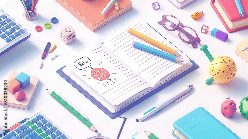 A white background with a study desk in the center. Various learning tools are placed on the desk, depicted in cartoon style. A white background with a study desk in the center. Various learning tools are placed on the desk, depicted in cartoon style.
