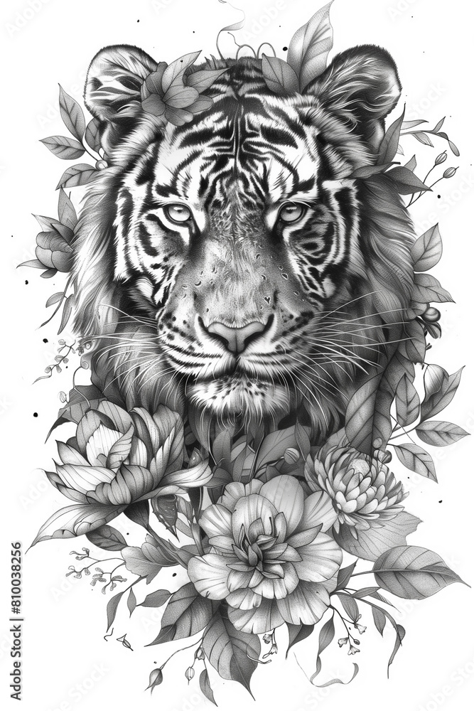 A drawing of a tiger with flowers A drawing of a tiger with flowers