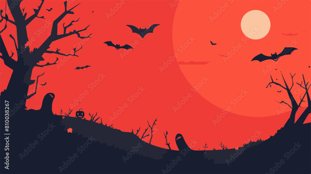 Haunted house on a hill with flying bats and a large moon on an red Halloween night	