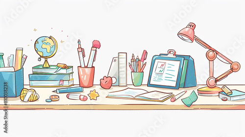 A white background with a study desk in the center. Various learning tools are placed on the desk, depicted in cartoon style.