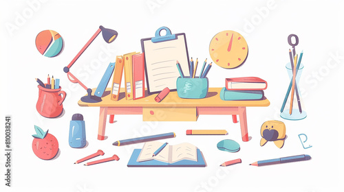 A white background with a study desk in the center. Various learning tools are placed on the desk, depicted in cartoon style.