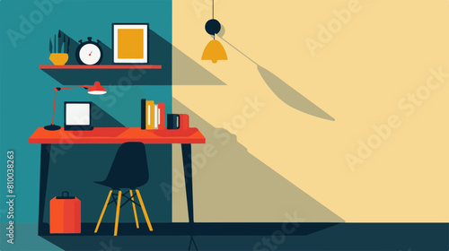 Stylized workplace setup with computer, books, lamp, and plant on a desk
