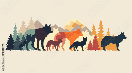 Wolves in Forest Silhouette with Mountain Background for Nature Themes