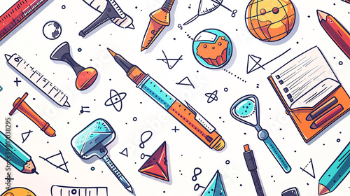 A white background with various learning tools in the center, depicted in cartoon style.