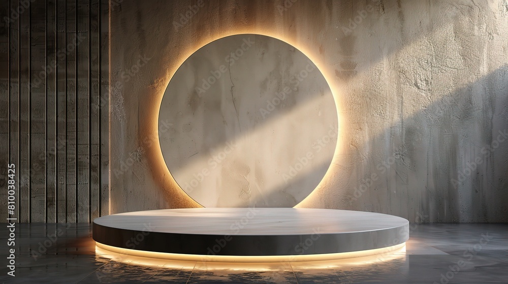 3D rendering of a cylindrical background with a geometric podium stand, ideal for showcasing various retail products 3D rendering of a cylindrical background with a geometric podium stand, ideal for showcasing various retail products