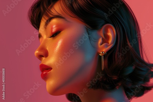 Close up of a woman wearing stylish earrings, perfect for fashion blogs or jewelry advertisements