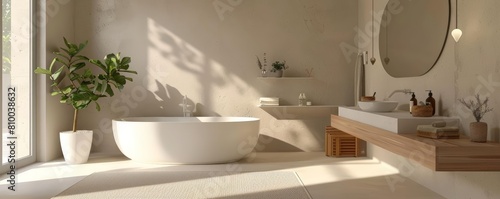 minimalist modern bathroom interior featuring a white sink with silver faucet  a round mirror  and a white rug on a white floor a small green plant adds a touch of nature