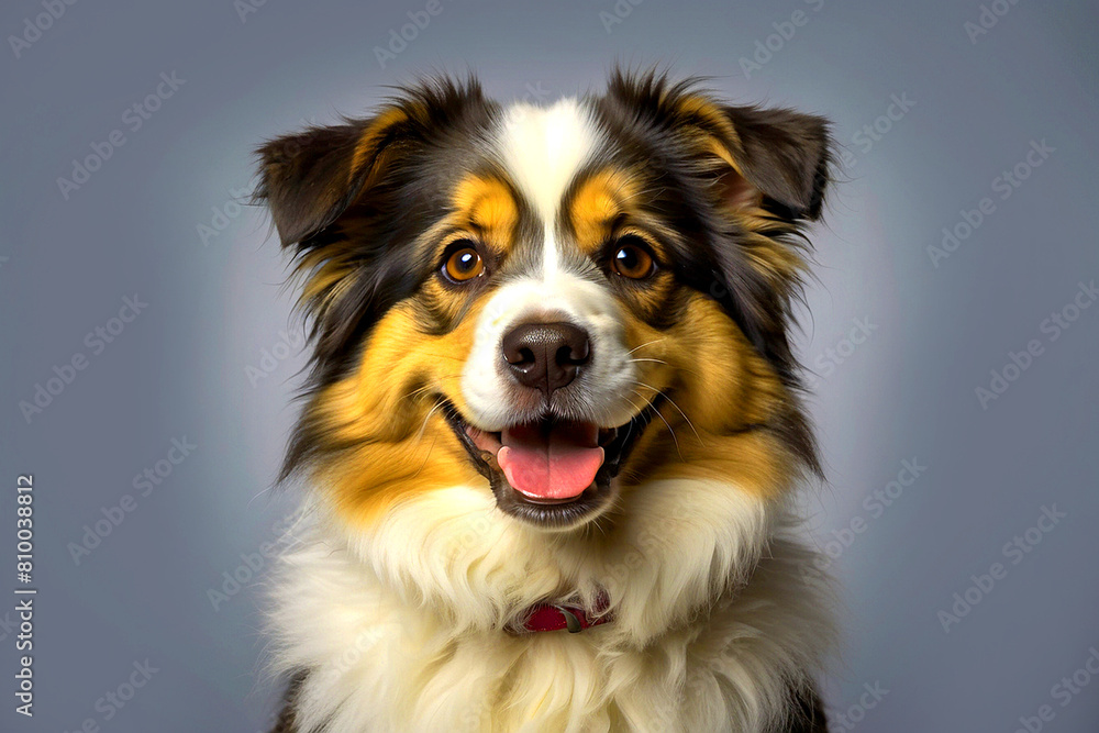 Cute fluffy portrait smiling puppy. Looking at camera isolated on background, funny moment, cute dog, pet concept