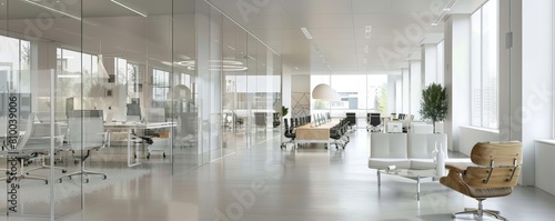 minimalist modern office interior with glass partitions featuring white chairs  a brown wooden desk  and a green plant on a shiny floor under a white ceiling