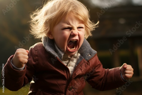 Young child outdoors with a furrowed brow and mouth open, expressing a temper tantrum photo