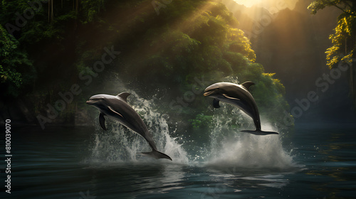 A pair of affectionate dolphins leaping in perfect synchronization, creating a mesmerizing sight in the jungle. photo