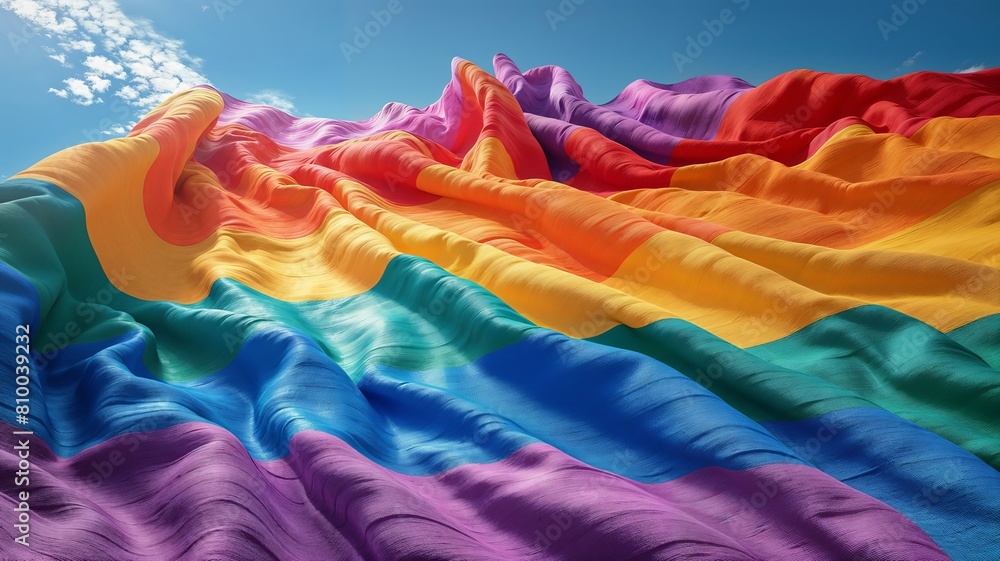 Dynamic shot of a vibrant waving rainbow flag under a clear blue sky. Ideal background for diversity and inclusion celebration themes, activism, LGBTQ+ awareness campaigns and Pride Month banners