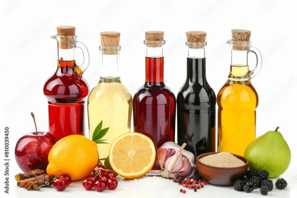 A vibrant assortment of bottled vinegars and oils with fresh fruits and spices on a pristine background A vibrant assortment of bottled vinegars and oils with fresh fruits and spices on a pristine background