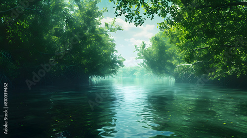 A peaceful river estuary with gentle waters merging with the sea, surrounded by dense greenery on a sunny day