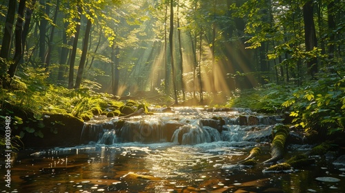 Sunlight filters through trees onto a small stream surrounded by vibrant green foliage and sparkling waters