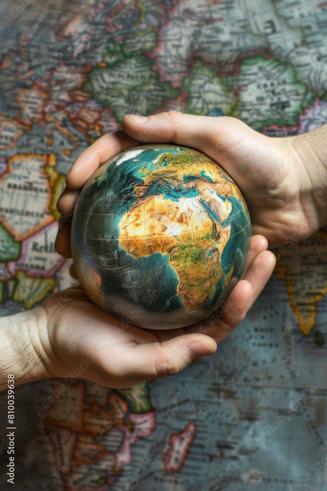 Close-up of hands holding globe, global concept Close-up of hands holding globe, global concept