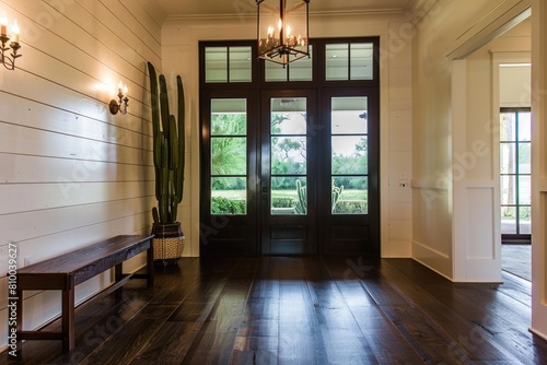 Foyer Entrance with Shiplap Wall  Bench  and Dark Door with Windows. Home Interior with Bamboo
