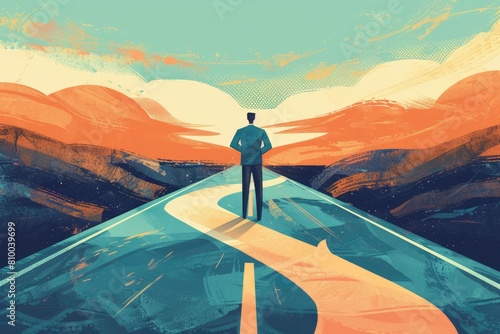 Diverging Paths - Business Man at Crossroads Deciding Future Path in Illustration of Career