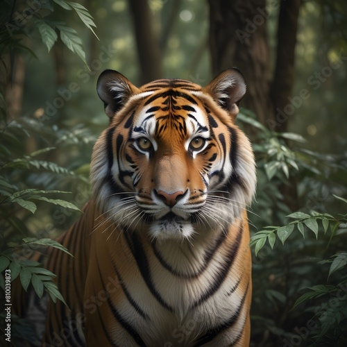 A majestic Bengal tiger in a dense  overgrown forest environment