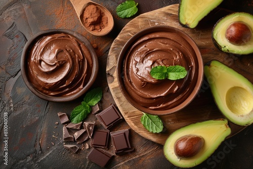 Decadent Avocado Chocolate Mousse on Rustic Olive Wood Board - Delicious Dessert with