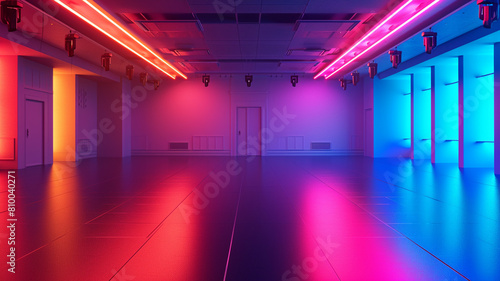 An empty dance studio with colorful and dynamic lighting