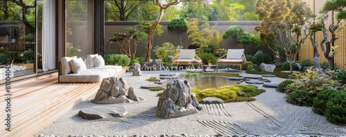 minimalist outdoor patio design with zen garden featuring white chairs and pillows, surrounded by lush green trees and a building in the background photo
