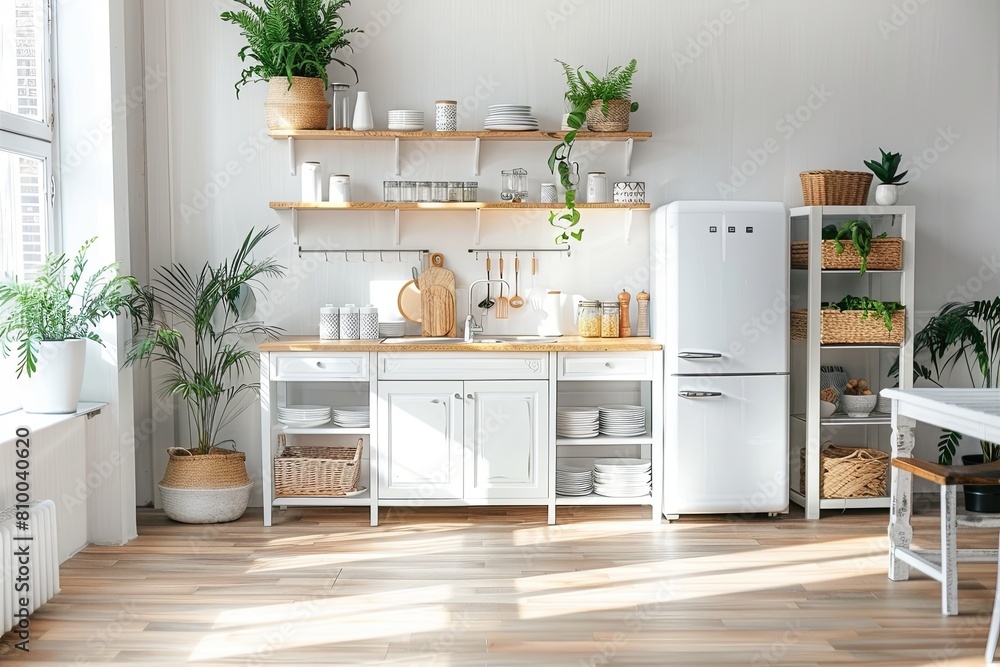bright kitchen interior with wooden floor, white furniture, utensils, shelves, utensils and indoor potted plants. bright kitchen interior with wooden floor, white furniture, utensils, shelves, utensils and indoor potted plants.