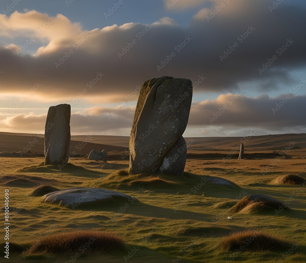 Ancient prehistoric standing stones in a stone circle, Scorhill Stone ...