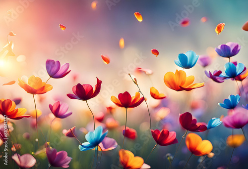 Landscape image view of colorful flower petals swaying and flying left and right