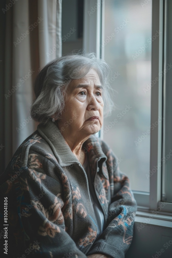 Elderly woman looking out a window, suitable for various concepts and designs Elderly woman looking out a window, suitable for various concepts and designs