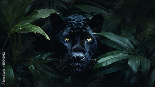 A stealthy panther prowling through the dense undergrowth of the jungle. photo