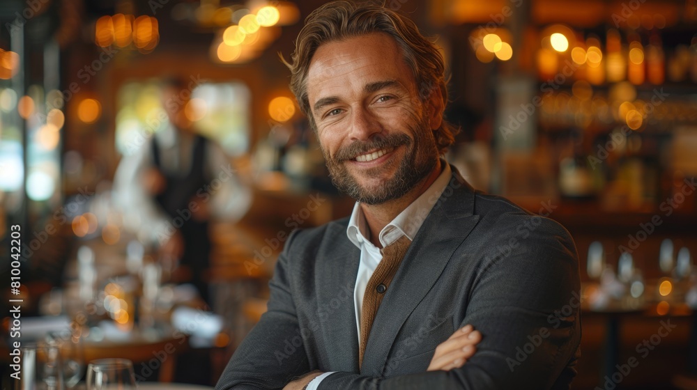 Confident businessman smiling in a restaurant Confident businessman smiling in a restaurant