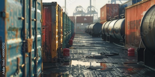 A busy train yard with a variety of train cars. Perfect for transportation themes photo
