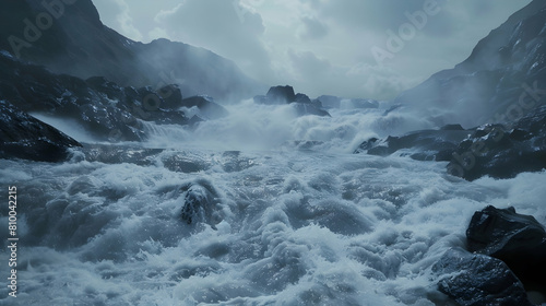 A rugged mountain stream with water forcefully carving through rocky terrain, creating white water rapids photo